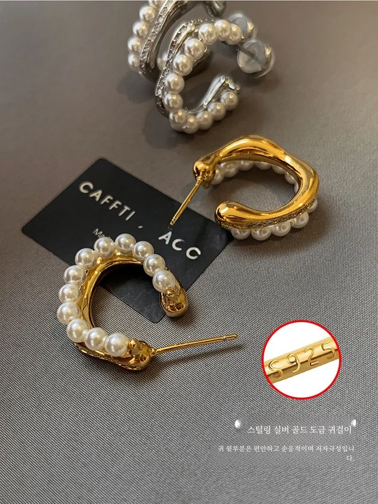 2024 новые двухслойные серьги с серебряной иглой и жемчугом женские легкие