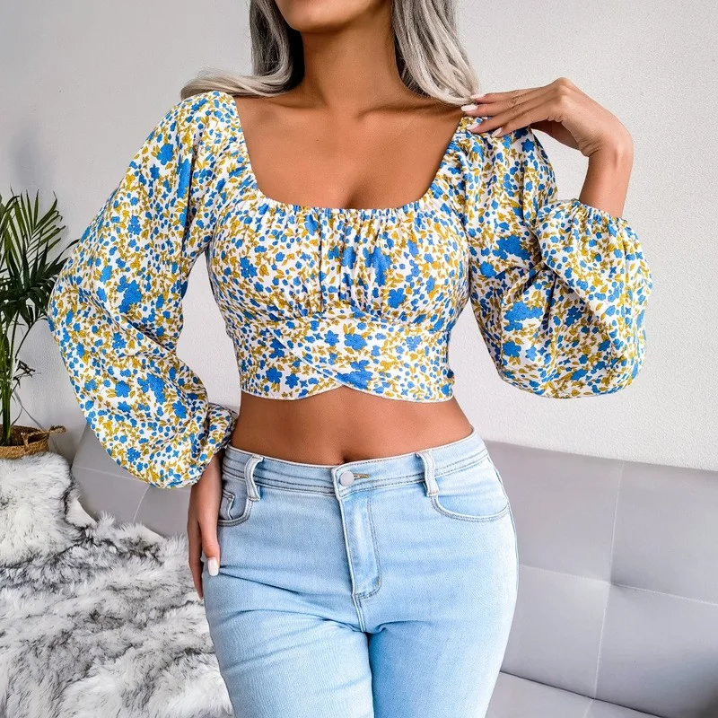 

Casual Boho Beach Vacation Women Blouses Floral Chiffon Shirts 2022 Summer NEW Lantern Sleeve Sexy Short Navel Backless Bow