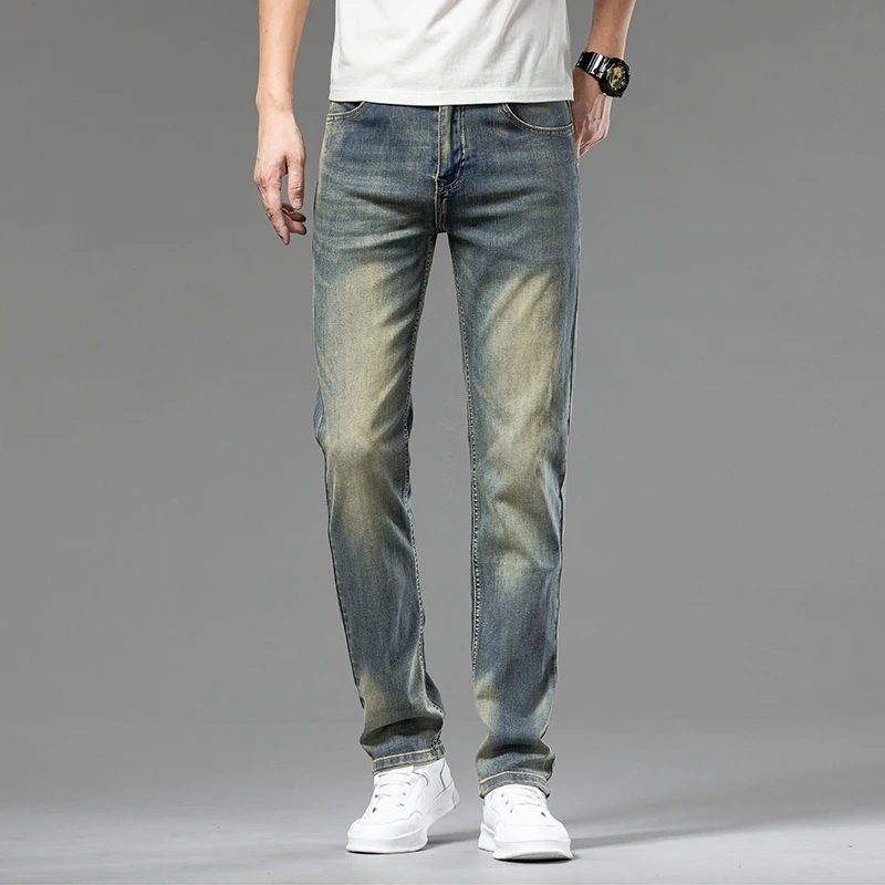 Джинсы мужские тонкие состаренные летние узкие эластичные длинные брюки с