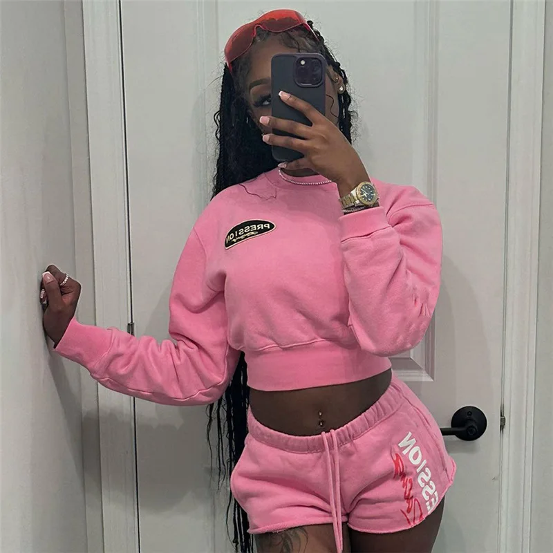 

Casual Women 2 Piece Pink Sweatshirts Shorts Sets Tracksuits Printed Hoody High Waist Drawstring Shorts Sporty Two Piece Outfits