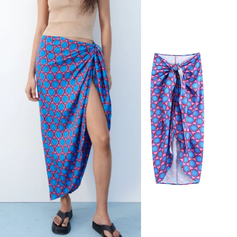 

KJMYYX 2022 Summer Women Printed Bow Skirt High Waist Asymmetrical Sexy Mid-Calf Faldas Mujer Boho Casual Jupe Skirts