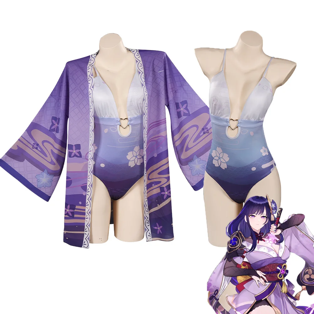 

Genshin Impact Raiden Shogun Swimsuit Cosplay Costume Bikini Two Piece Swimsuit Cloak Women Halloween Carnival Party Swimwear