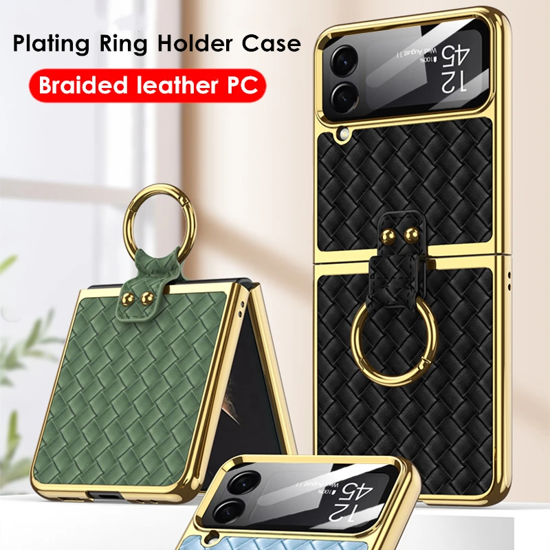 

Plating Braided leather Case for Samsung Galaxy Z Flip 4 Cover Metal Ring Holder With Lens Glass Protection Cover For Z Flip4 5G