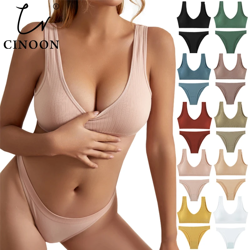 

CINOON Women Seamless Bra Set Sexy Lingerie Ribbed Tops Bra Briefs Set Low Waist Panties Wirefree Bralette Female Underwear Set