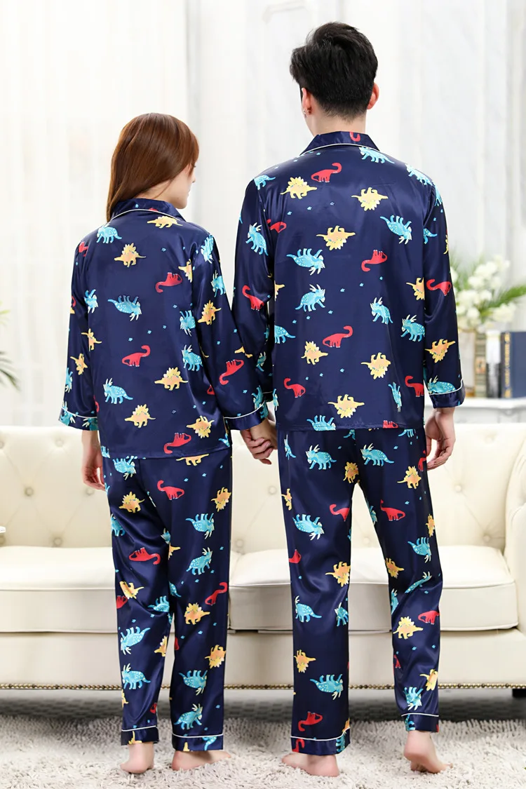 Thin Printing Matching Pajamas Couples Long Sleeved Sleepwear Silk Pajamas for Women Sleep Tops Pants Mens Pajamas Set Sleepwear