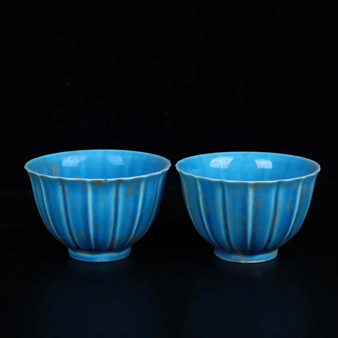 

3"Chinese Folk Collection Old Porcelain blue glaze line cup wine glass a pair ornament Gather fortune Town house Exorcism