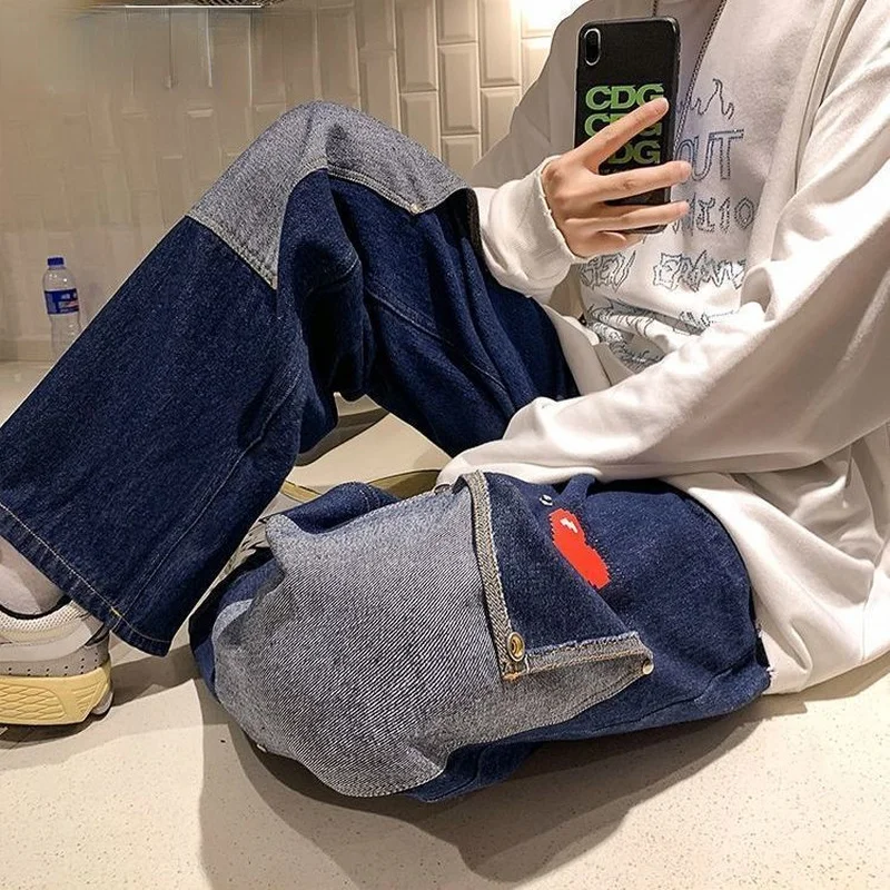 Men's Jeans Patchwork Multi Pocket Double Denim Pants Beggar Style Cargo Trousers Fashion High Street Casual Men's Street Wear