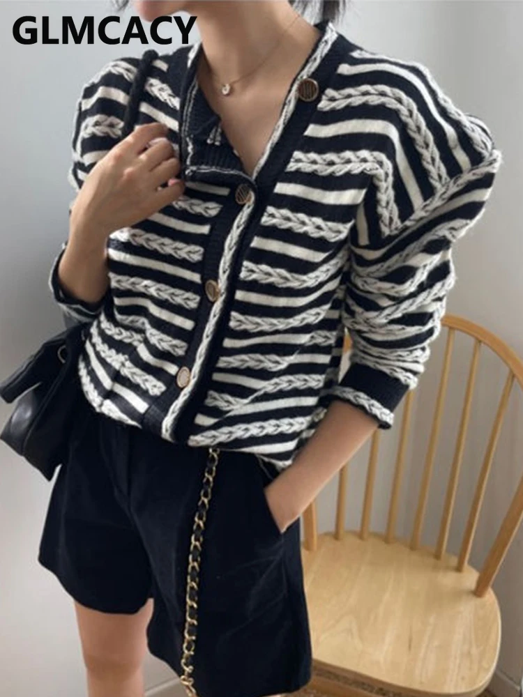 

Striped Sweater Cardigan Loose Design Side Button Knit Jacket