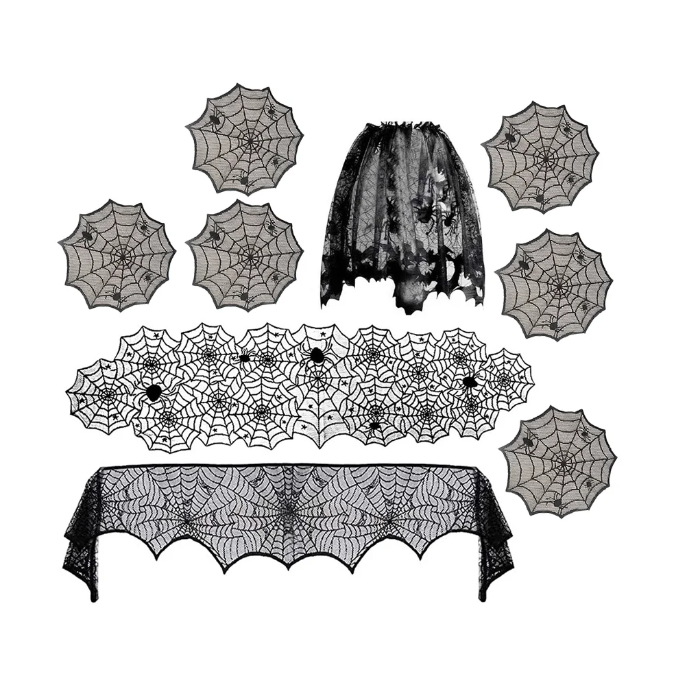 

Tablerunner Spiderweb Scarf Tablecloth Fireplace Cover Lace Placemats Spooky Blue Party Spider Dinner Linen Mantle Black Topper