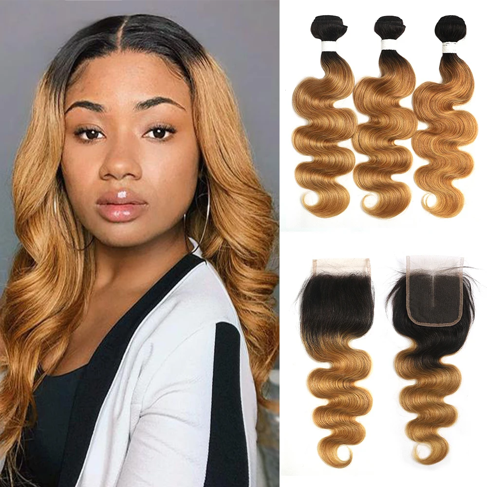 

T1B/27 Ombre Blonde Body Wave Bundles With Closure 4x4 SOKU Brazilian Hair Weave Bundles With Lace Closure Remy Human Hair Weave