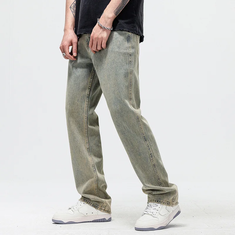 American High Street Fashion Men Jeans Cement Yellow Retro Wash Loose Fit Straight Jeans Men Casual Denim Wide Leg Pants Hombre