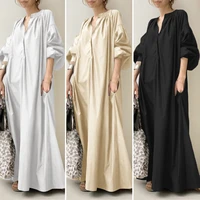muslim elegant solid color shirt dress spring autumn sun dress 2022 casual lantern sleeve women v neck womens robe argent
