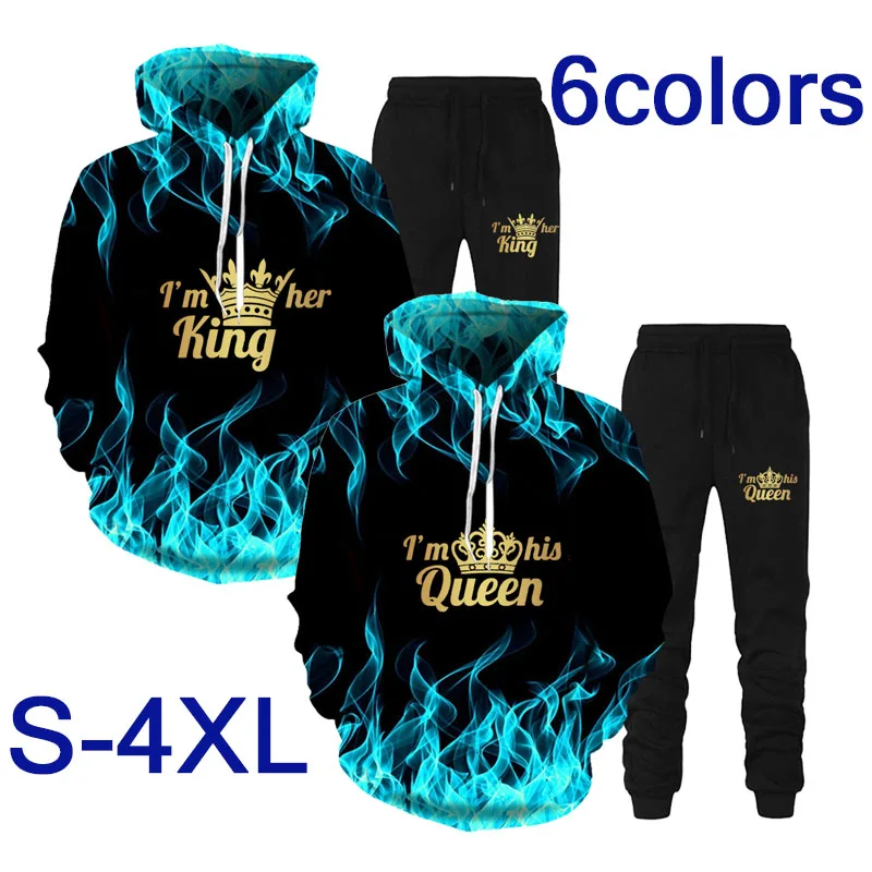 Matching Couple Tracksuit King and Queen His and Her Hooded 3D Sweatshirt Pullover Hoodies + Pants