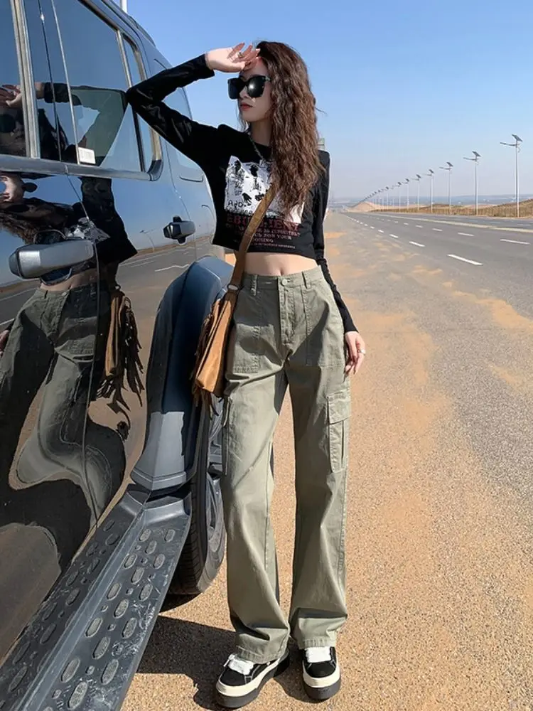 Брюки женские рабочие с высокой талией приталенные прямые штаны в американском