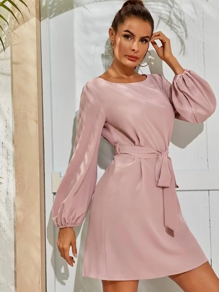 

Loose Pink Chiffon Dress Solid Color Simple Lantern Style 2023 Fashionable Temperament Commuter Thin Hedging High Waist Dress