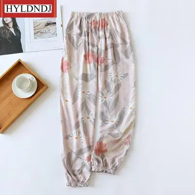 Women Pajama Bottoms Elastic Waist Ankle-Length Pants Sleep Wear Women Lounge Wear Closing Pants Summer Viscose Rayon Printing