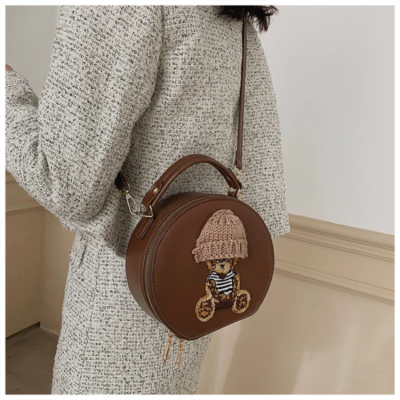 

Cartoon Cute Bags for Women New Luxury Designer Handbag Bear Small Round Crossbody Bags Female Vintage Leather Shoulder Bag