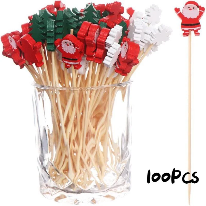 

100Pcs Christmas Disposable Bamboo Skewers Food Picks Fruit Fork Christmas Party Cake Dessert Salad Sticks Toothpick Skewer