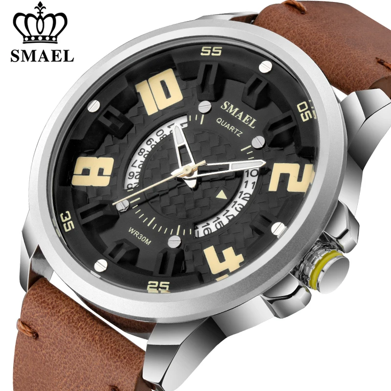 

Мужские спортивные часы SMAEL, лидер продаж люксового бренда, водонепроницаемые кварцевые аналоговые наручные часы с хронографом, мужские часы с кожаным ремешком, мужские часы