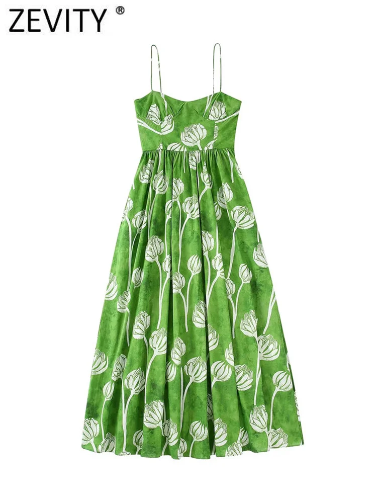 

Zevity Women Fashion Floral Print Pleats High Waist Big Swing Sling Midi Dress Female Chic Spaghetti Strap Party Vestidos DS2020