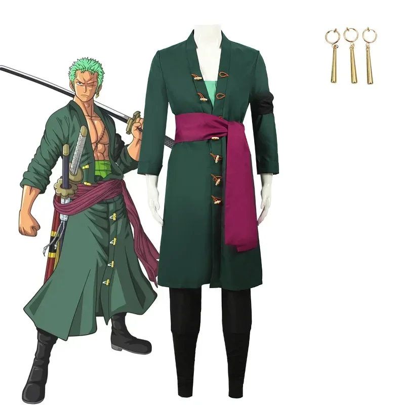 

Anime Cosplay Costume Roronoa Zoro Wig Full Set with Girdle Belt Accessories Earrings Green ShortHair Halloween Roleplay Outfits