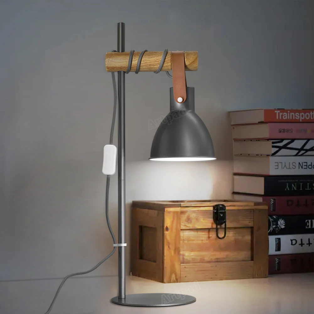 

Grey Industrial Table Lamps for Bedrooms Bedside Lamp Office Wooden Desk Lamps with Switch Button Plug