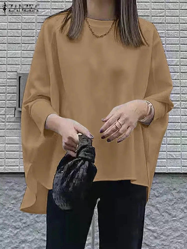 

Модная женская блузка ZANZEA с круглым вырезом и длинным рукавом, элегантные однотонные свободные топы, туника, Повседневная Асимметричная рубашка, рабочие блузы оверсайз