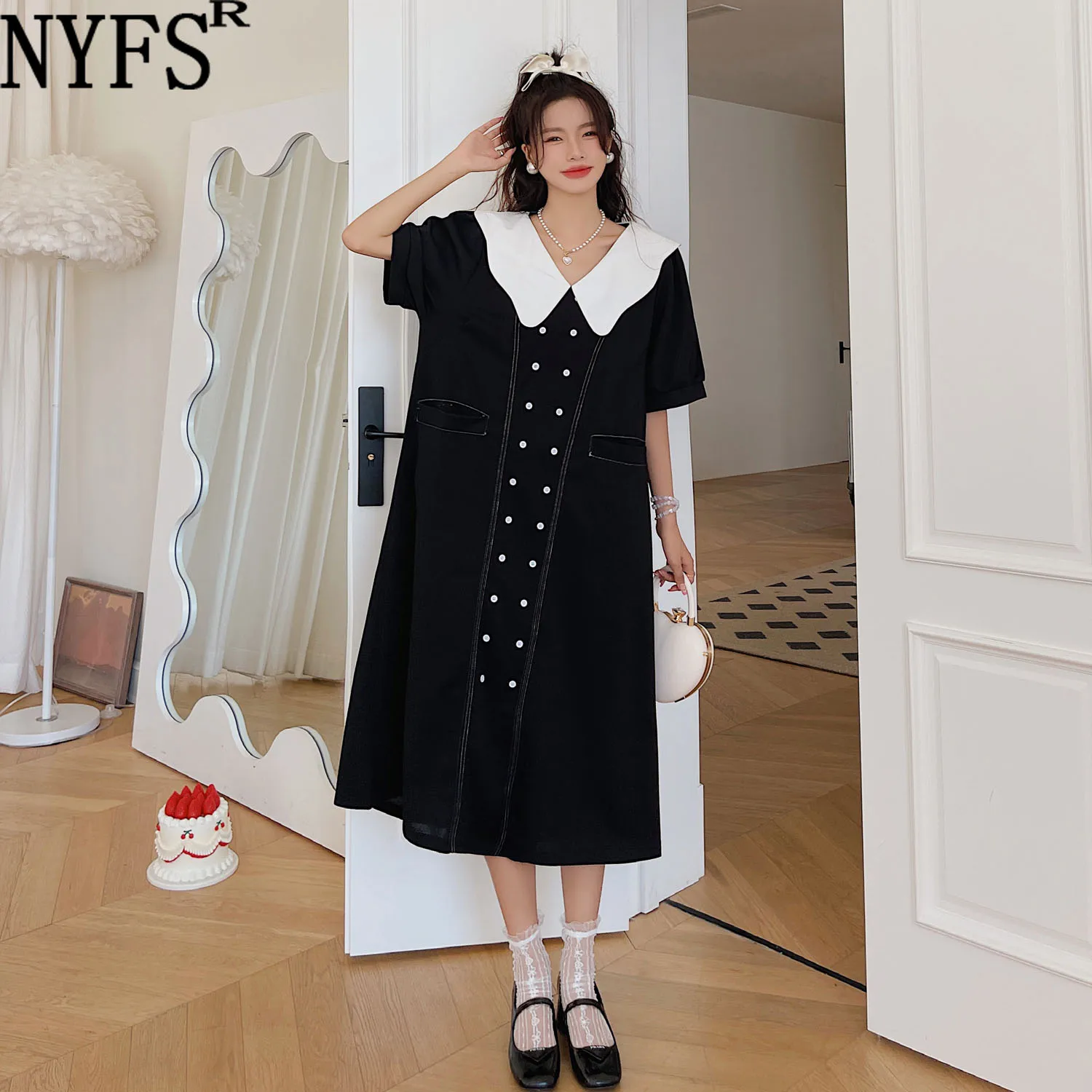 

NYFS 2022 Summer New Korea Loose Doll collar Woman Dress Vestidos Robe Elbise Polyester Plus Size Short Sleeve Long Dress L-4XL