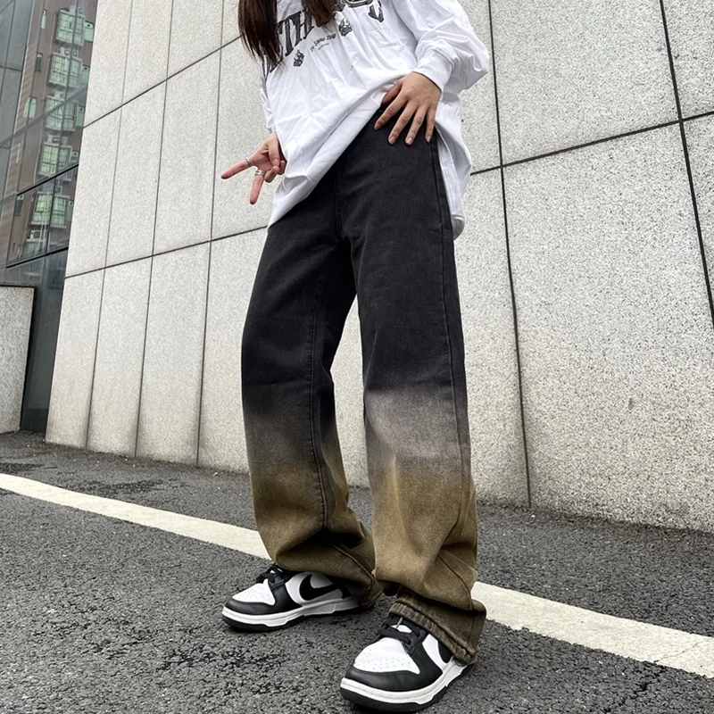 Streetwear Men 2022 New Pattern Recreational Gradient Tie-dyed Pants Straight Cylinder Comfortable Loose Jeans Autumn Female