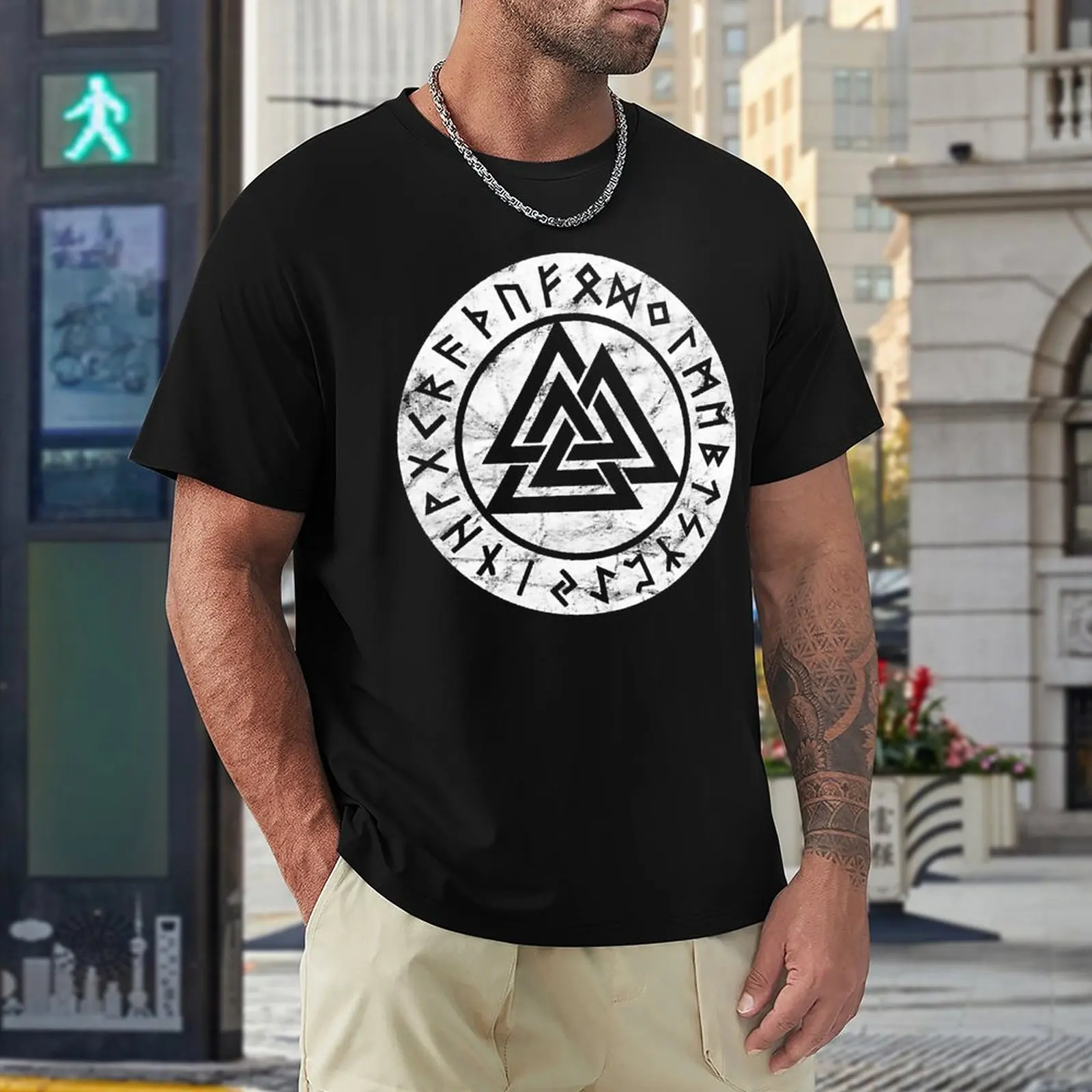 

Vintage Valknut Odin Symbol Vikings Runes Zipper Vintage T-shirts High Grade Leisure Eur Size