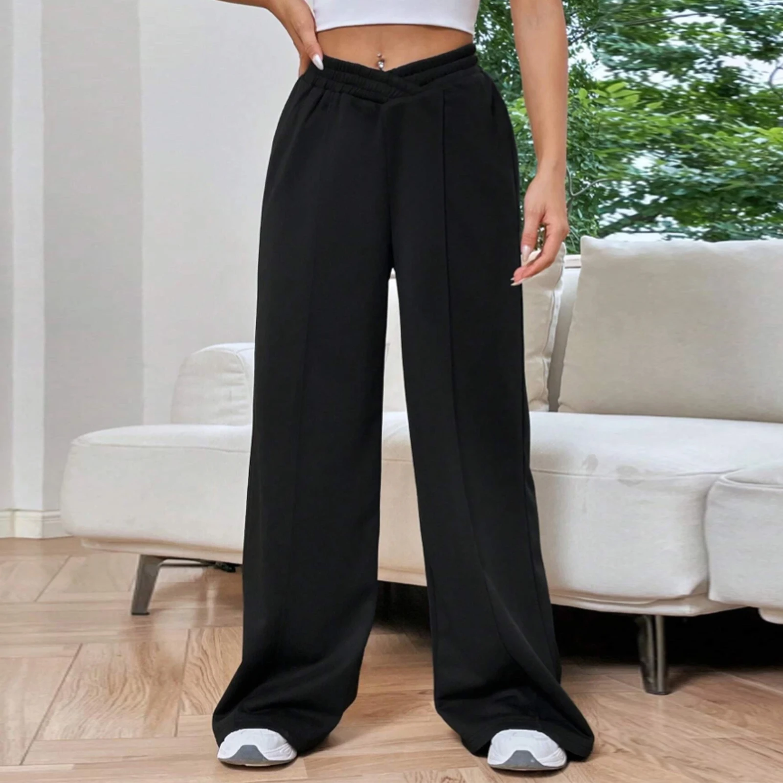 

Женские базовые спортивные брюки с эластичным поясом, асимметричные штаны с высокой талией, широкие брюки, однотонные свободные базовые Стильные повседневные штаны