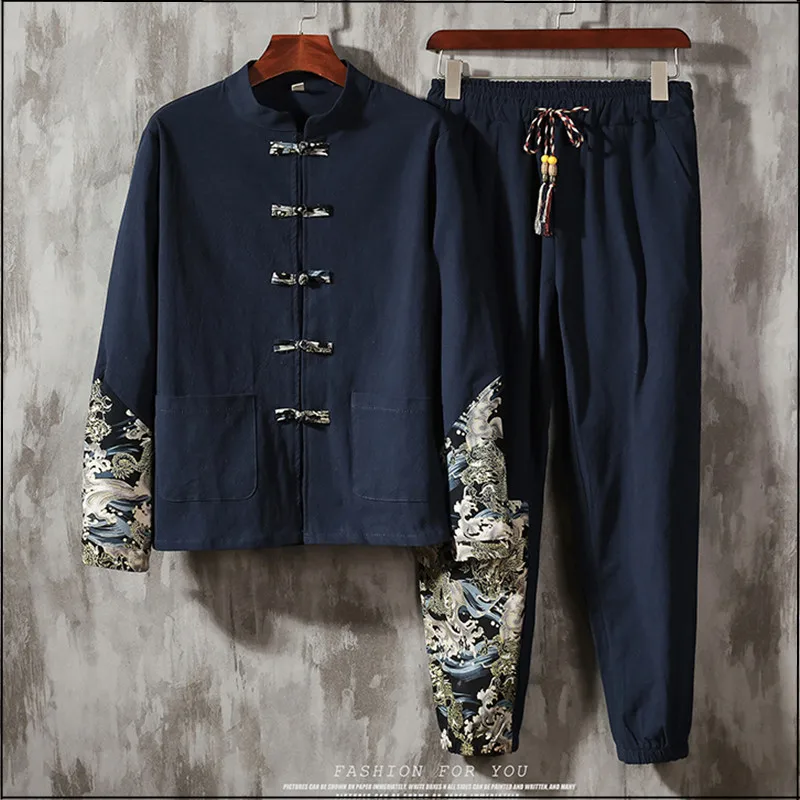 Chinese Style Retro Tang Suit Cotton Linen Patchwork Suit Plus Size Printed Hanfu Men Clothing 2022 Mens Print Sets