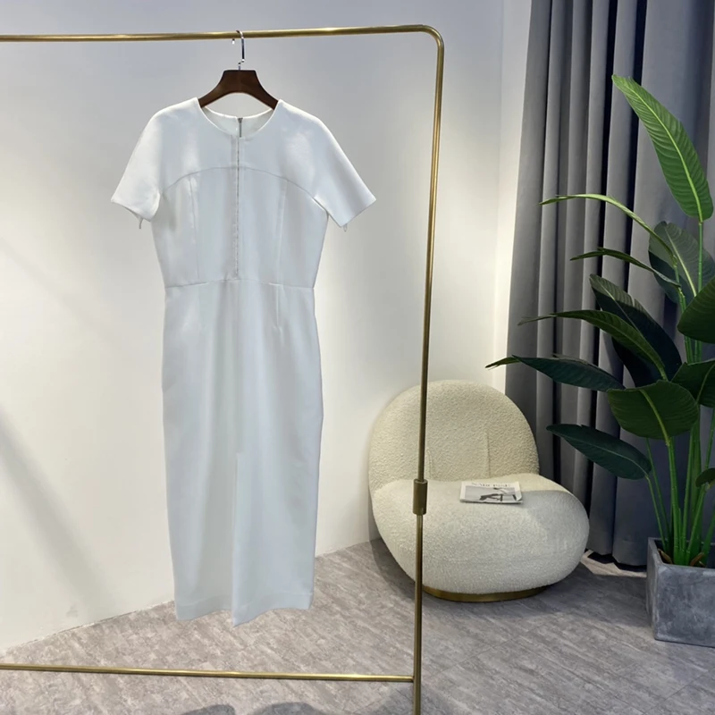

Office Lady Slit Dresses Women Top quality Short Cloak Sleeve Solid Black White Zipper Fly Bodycone Designer Clothes