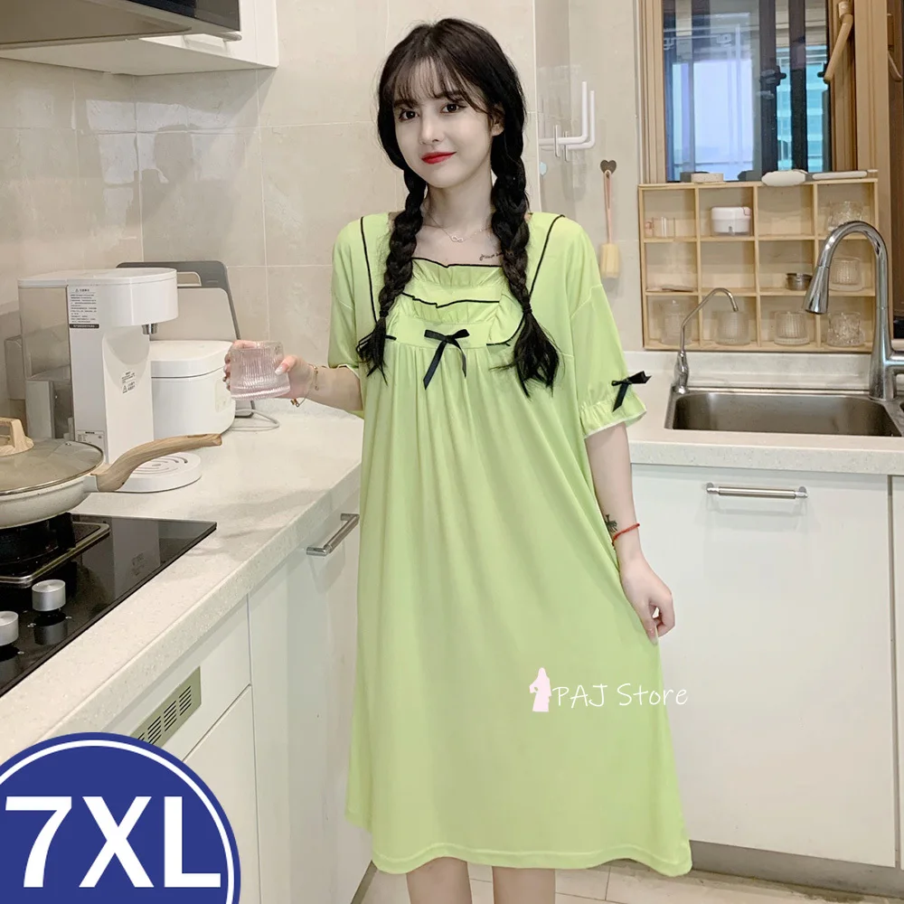 

Summer Nightdress Ladies Silk Large Oversized Pajamas Homewear Long Nightgown Cute Female Dress M-7XL Home Clothes Sleep Tops