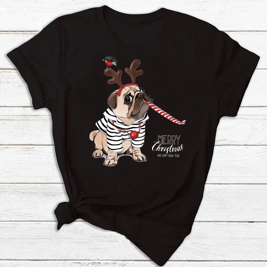 

Merry Christmas Cartoon Fashion Holiday Print Top Tshirt Female Tee Lovely Cute Deer with Christmas Hat Women New Year T-shirts