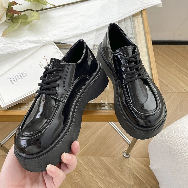 2023 Spring Autumn Women Oxford Shoes Flat on Platform Casual Shoes Black Lace Up Leather Shoes Sewing Round Toe Zapatos Mujer