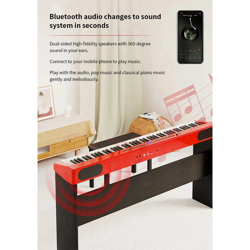 88 Key Weighted Electronic Keyboard Portable Red Digital Piano Beginner with Metal Stand,Pedal,Built in Speakers,Headphone Jacks enlarge