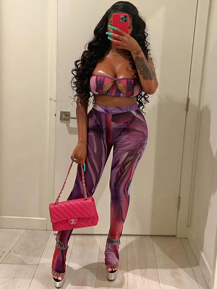 

Fashion sexy high street suit cleavage vest + mid waist trousers print 2 piece women's vest Women's club wear 2 piece