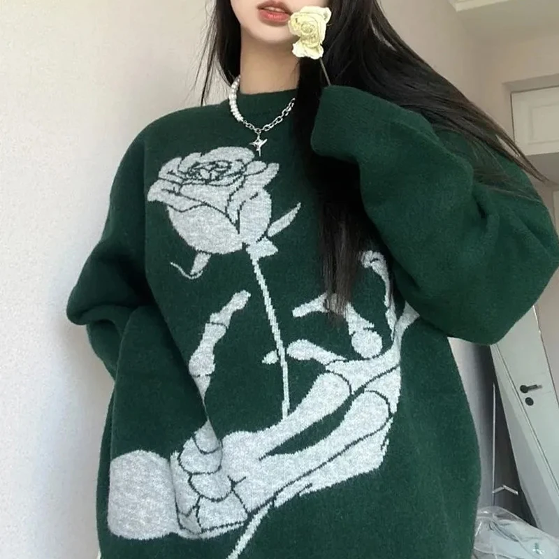 

Мужской Хлопковый вязаный свитер с принтом черепа и роз