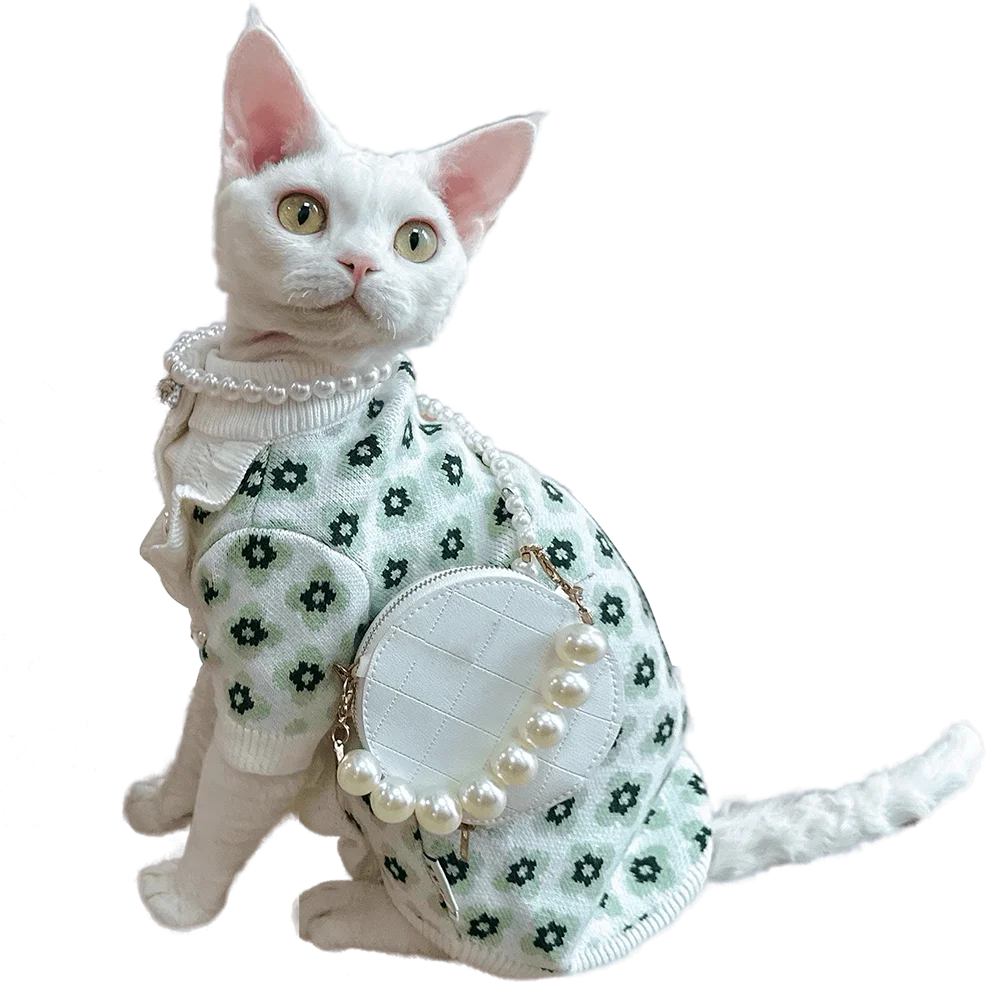 

Цветочный свитер во французском стиле для кошек Devon Rex Cat, одежда для кошек без волос, теплая плотная одежда для котят на осень и зиму, костюм кошки Sphynx