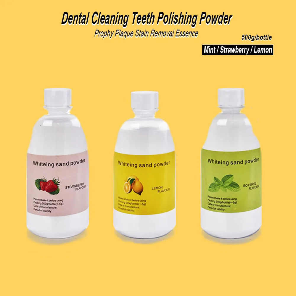 

500g Dental Polishing Sand Powder Air Jet Flow Teeth Whitening Prophy Plaque Stain Removal Cleaning Essence Mint Lemon 3 Flavors