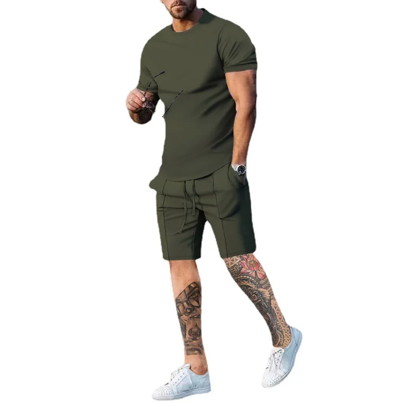 2023 Wish Men's Suits Summer Cross-Border Amazon Sports and Leisure Solid Color Crew Neck T-shirt Short Sleeves Suit for Men