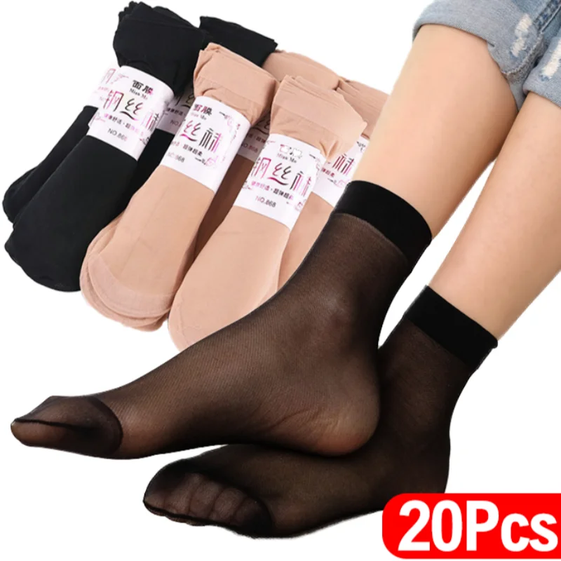 

20pcs Summer Short Socks Women Ultra Thin Transparent Crystal Silk Socks Ladies Sexy Elastic Silky Socks Girls Ankle Silk Sock
