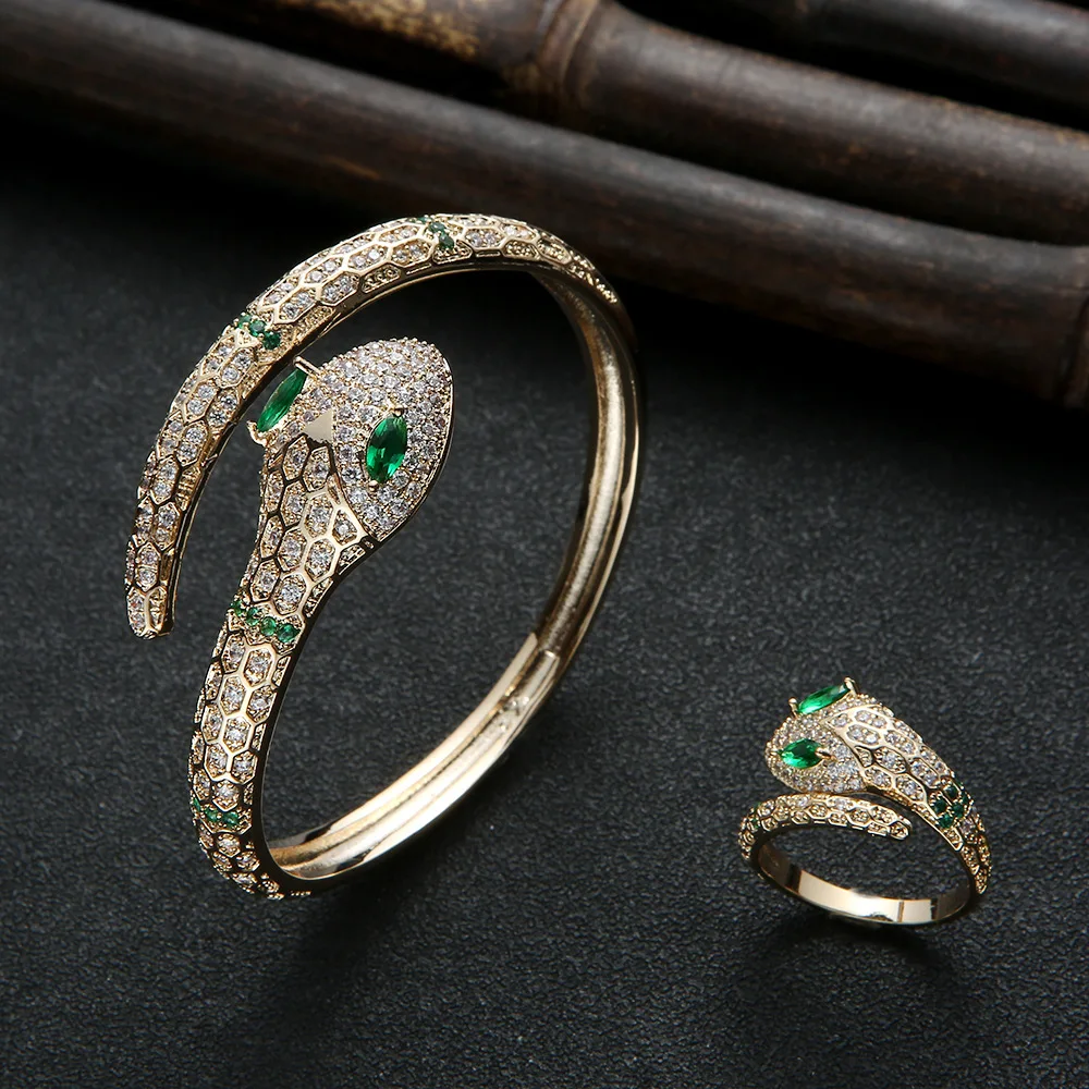 

Luxury Zircon Jewelry Set For Women Snake Bracelets Bangle Ring Saudi Arabia Indian Nepal Aristocratic Wedding Party Accessory