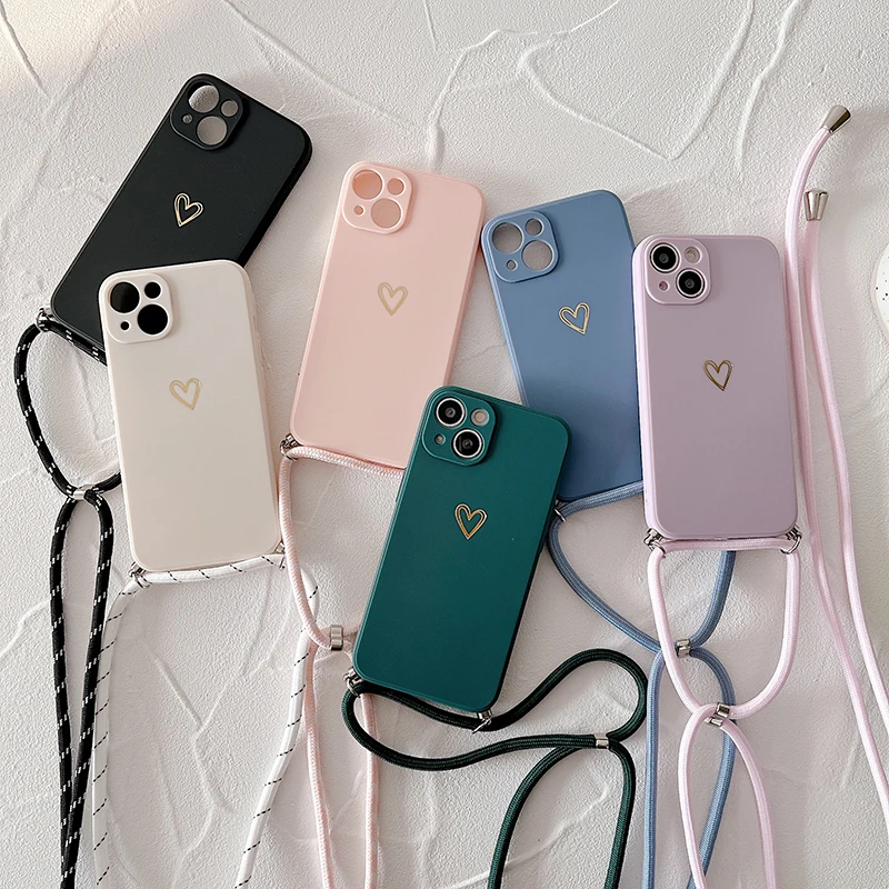 

Luxury Cute Lanyard Liquid Silicone Phone Case For iPhone 14 13 12 11 Pro XS Max XR X SE 8 7 Plus Ultra-thin Necklace Rope Cover