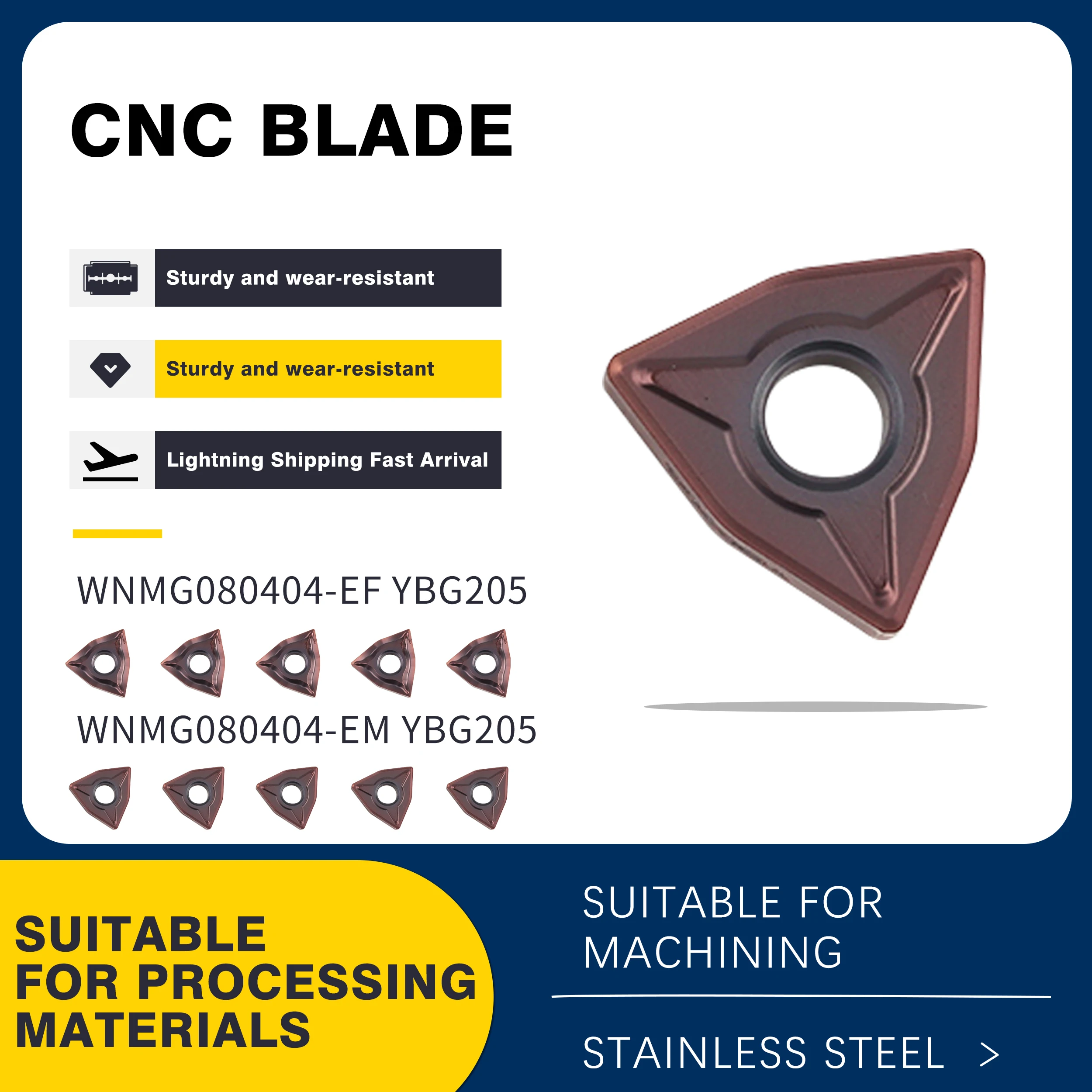

WNMG080404-EM/EF YBG205 WNMG080408-EF/EM YBG205 Carbide External Turning Inserts CNC Lathe Turning Blades Wearable Cutting Tools
