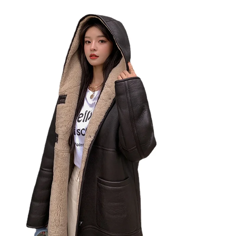 Genuine Leather Hooded Mid-Length Fur Coat Women's New Coat Motorcycle Clothing Women's Autumn and Winter