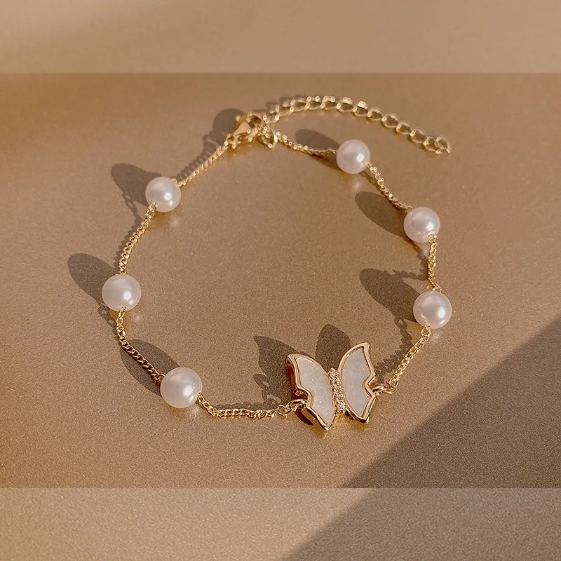 New in Style Butterfly Charm Bracelet - Faux Pearls Chain Bracelet for Girls Women Gold Filled Butterfly Anklet Lucky Gift for M