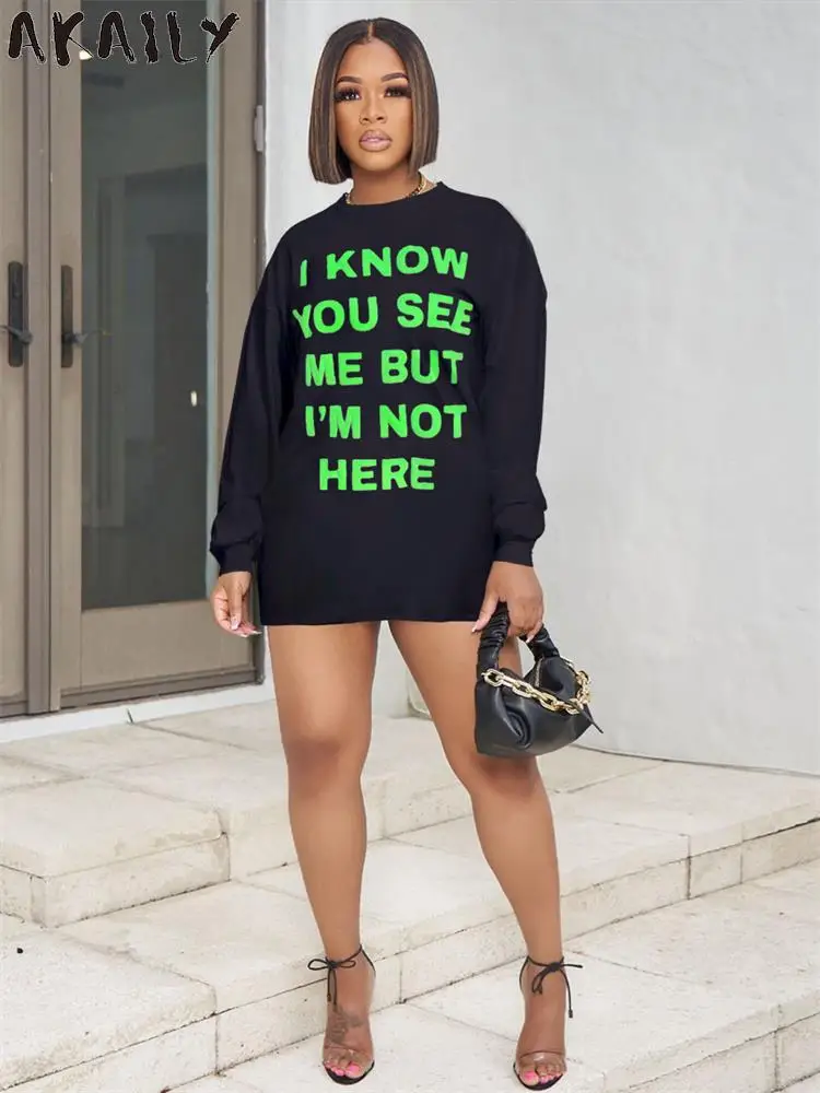 

Akaily Осенние футболки с буквенным принтом платья для женщин 2022 свободное черное платье с круглым вырезом и длинным рукавом женское белое пов...