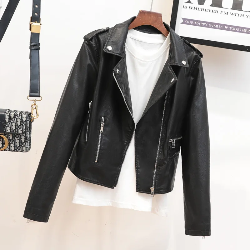 2023 autumn clothes new lapel short slimming Korean version of leather jacket epaulettes women's leather jacket
